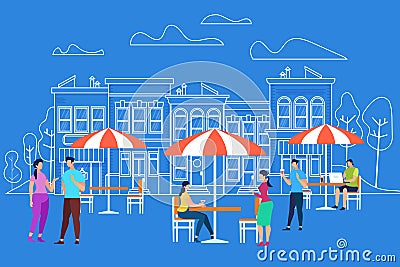 Men and Women Characters Relaxing at Outdoor Cafe Vector Illustration