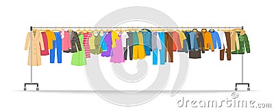 Men and women clothes on long rolling hanger rack Vector Illustration