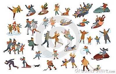 Men women couples kids children family sledding, ice skating on a rink, playing, making snowman and snow angel, enjoying winter sp Vector Illustration