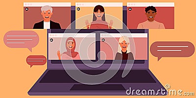 Men and women of different ethnic groups on the laptop screen. Video conference Vector Illustration