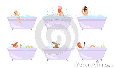 Men, women and dog taking bath and relaxing vector illustration Vector Illustration