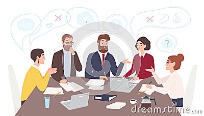 Men and women dressed in business clothes sitting at table and discussing ideas, exchanging information, solving Vector Illustration