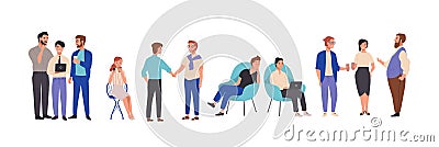 Men and women dressed in smart clothes take part in business meeting, formal discussion, conference. Male and female Vector Illustration