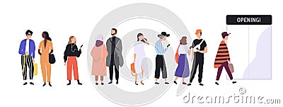 Men and women dressed in trendy clothes standing in line or queue in front of shop entrance doors. Stylish people Vector Illustration