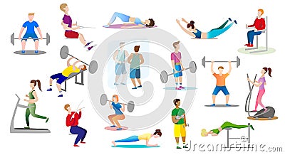 men and women are engaged weightlifting in the gym Cartoon Illustration