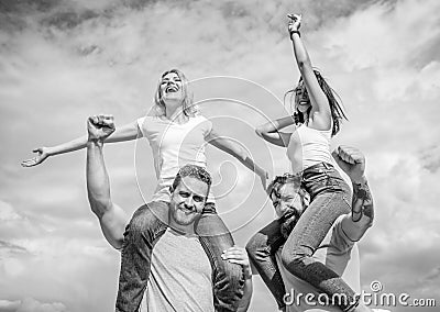 Men and women enjoy music festival. Visit famous festival during vacation. Happiness and joy. Rock music festival. Feel Stock Photo