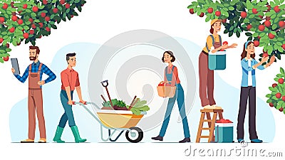 People garden workers carrying fresh fruits Vector Illustration