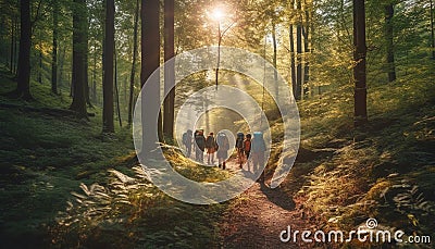 Men and women hiking on forest footpath generated by AI Stock Photo