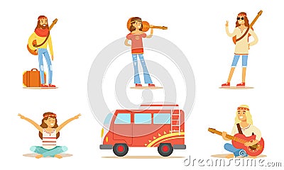 Men and Women Hippie Characters Set, People Wearing Hippie Clothes of the 60s and 70s Playing Music and Travelling Vector Illustration