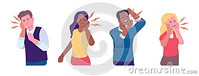 Men and women holding cheek because of toothache. People suffering from pain. Unhappy dentist patients. Painful Vector Illustration