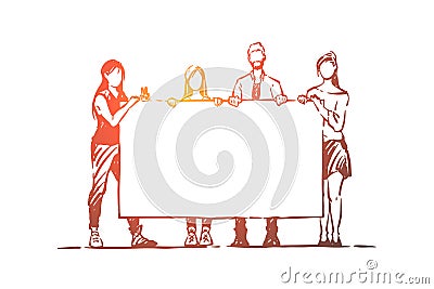 Men and women holding empty placard, surprise birthday party, congratulations, young friends, sociology Vector Illustration