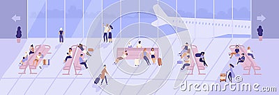 Men and women inside airport terminal building with large panoramic windows and airplanes seen through them. Passengers Vector Illustration