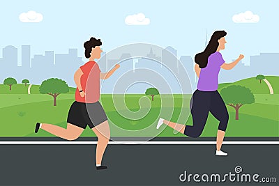 Men and women jogging running. People run in a city park against the background of the silhouette of the city, skyscrapers Vector Illustration