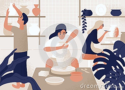 Men and women making and decorating pots, earthenware, crockery and other ceramics at pottery workshop. Group of people Vector Illustration