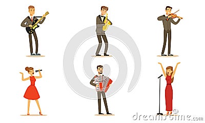 Men and women musicians and singers. Set of vector illustrations. Vector Illustration