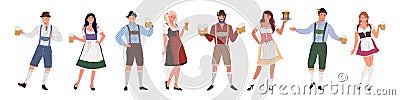 Men and women Oktoberfest characters in German costumes Vector Illustration