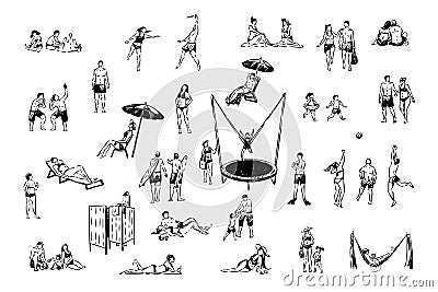 Men and women relax at resort, friends playing volleyball, child jumping on trampoline, people on beach set Vector Illustration