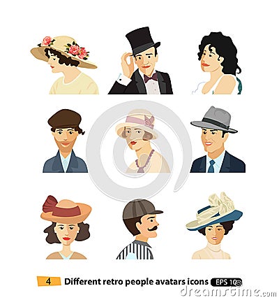 Men Women Retro Avatars vector set isolated on white Vector Illustration