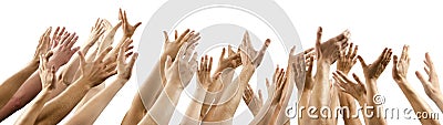 Men and women's hands up raised Stock Photo