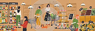 Men and women with shopping carts and baskets choosing and buying products at grocery store. People purchasing food at Vector Illustration