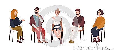 Men and women sitting on chairs and talking to psychotherapist or psychologist. Group therapy session, psychotherapeutic Vector Illustration