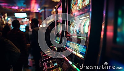 Men and women spin slot machines, illuminated nightlife generated by AI Stock Photo