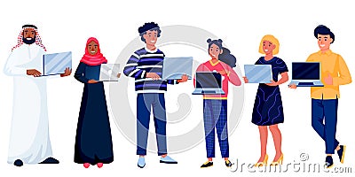 Men and women standing with laptops. Vector illustration. Internet technology team and business meeting concept Vector Illustration