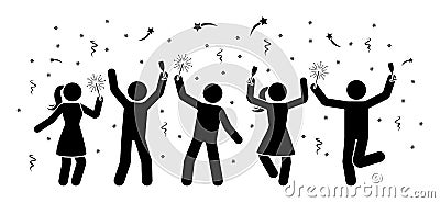 Men and women stick figures celebrating New Year night icon. Firework, serpentine, sparkler pictogram. Vector Illustration