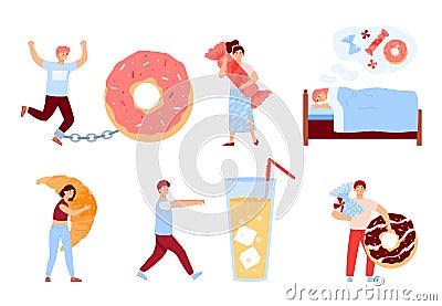 Men and women with sugar addiction, eating disorder and craving to sweet food and drink Vector Illustration