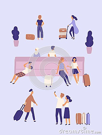 Men and women with suitcases waiting at airport or bus station. Group of people or passengers with luggage sitting on Vector Illustration