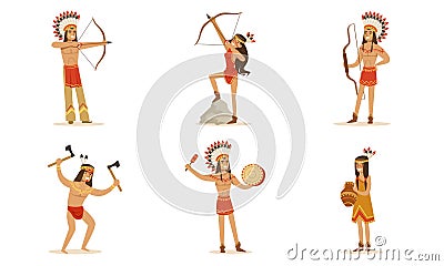Men and women in traditional Native American clothing with guns. Vector illustration. Vector Illustration