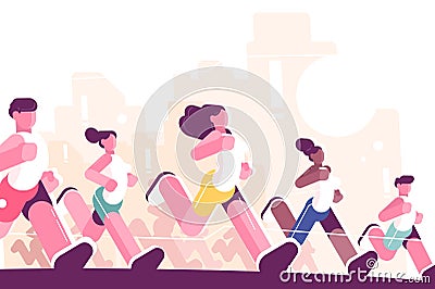 Men and women training to marathon in park Vector Illustration