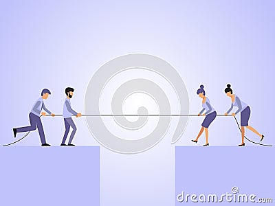 Men and women tug of war vector illustration. Business rope competition concept. Business people puling rope over the Vector Illustration