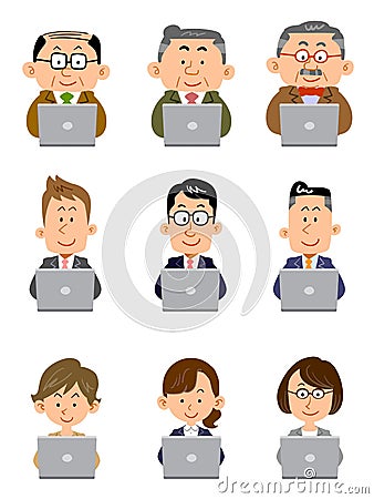 Men and women of various ages who came in suits to operate laptops Vector Illustration