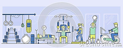 Men and women work out at gymnasium. Exercise room. Vector Illustration