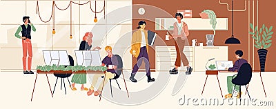 Men, women working in office. Colleagues speaking by phone, drinking coffee, carrying folder. Vector Illustration