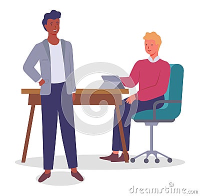 Men work and communicate in office. Informal friendly chatting of employees, boss and subordinate Vector Illustration