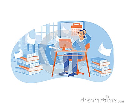 Men work too much. Performing in front of the computer while holding your head with scattered documents. Vector Illustration