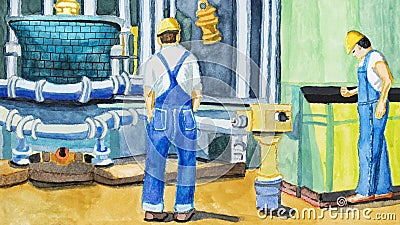 Hand painted watercolor like 50 years ago shows men in industry. Vector Illustration