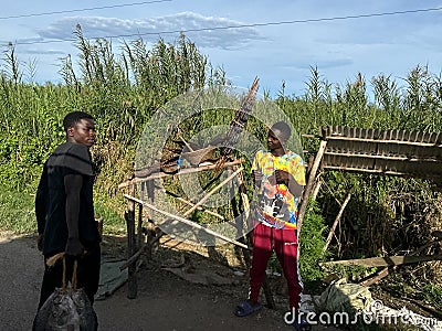 Men working at a stall on the side of the road selling fish have a discussion Editorial Stock Photo