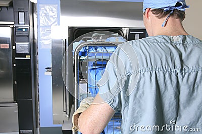 Men working on a sterilizing place in the hospital Stock Photo