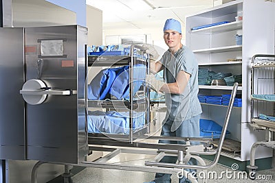Men working on a sterilizing place in the hospital Stock Photo