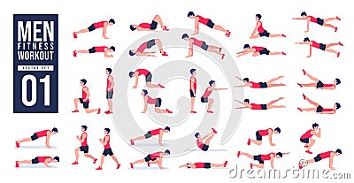 Men Workout Set. Men exercise vector set. Men doing fitness and yoga exercises. Lunges, Pushups, Squats, Dumbbell rows, Burpees, S Vector Illustration