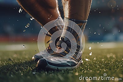 men& x27;s legs in sneakers on the football field. Generated by AI Stock Photo