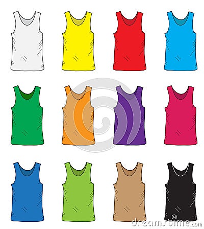 Men's t shirts design template set. Multi-colored T-shirt without sleeves. Hand drawing style. mockup shirts. Vector illustra Vector Illustration