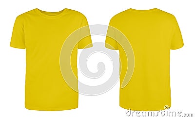 Men yellow blank T-shirt template,from two sides, natural shape on invisible mannequin, for your design mockup for print, isolated Stock Photo