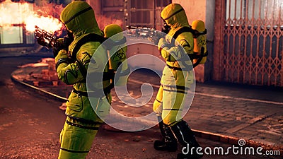 Men in yellow protective suits disinfect the city`s infected territory with a flamethrower. People in bacteriological Stock Photo