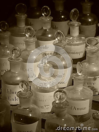 Mendeleev in bottles Stock Photo