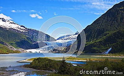 Mendenhall Glacier with Nugget Falls Stock Photo