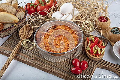 Menemen Turkish breakfast. Traditional turkish food menemen made by eggs and tomatoes Stock Photo